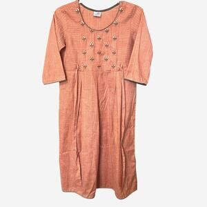 TRUE SHAPE 3/4 SLV ROUND NECK WAIST DRESS, TIE, WOMENS, XL-42-PEACH, GREY STRIPE